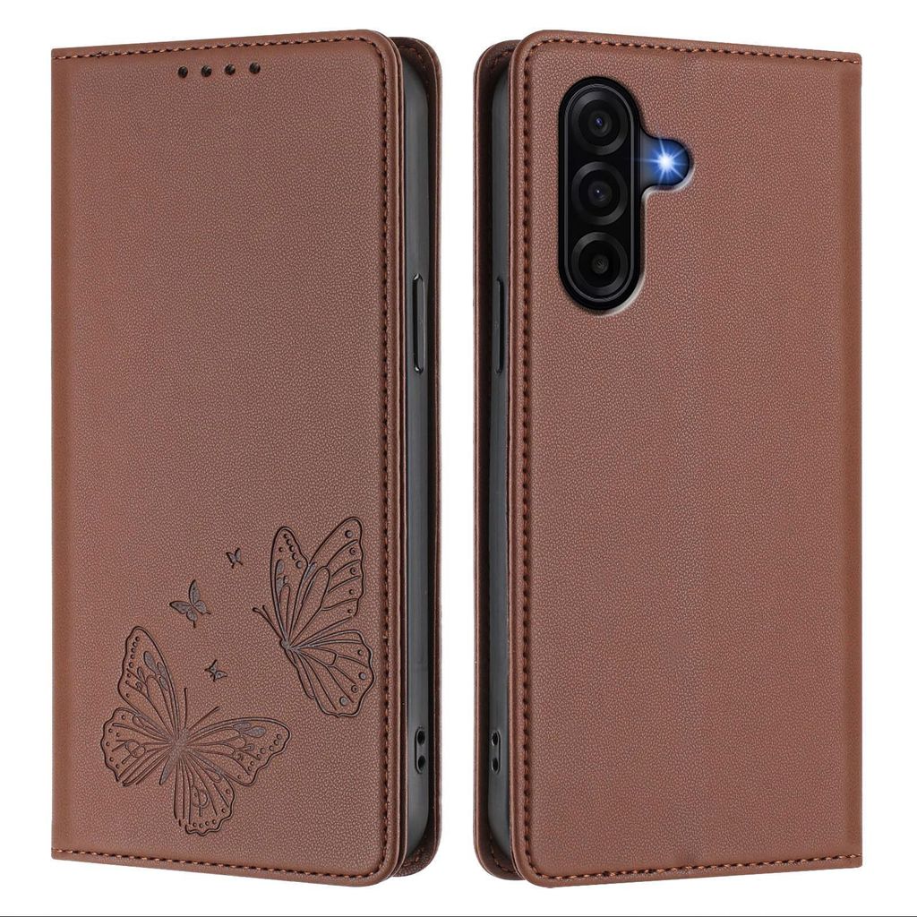 Lederhülle für Samsung Galaxy A57, Schmetterling Prägung Leder Brieftasche Schutzhülle mit Ständer Braun