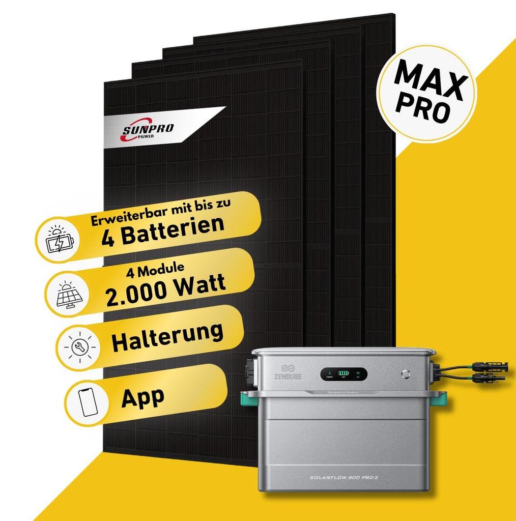 2000 Watt, Bifazial Komplettset, Balkonkraftwerk, Zendure Solarflow 800 Pro 2, Halterung Fassade 90 Grad und MC-4 Verlängerungskabel