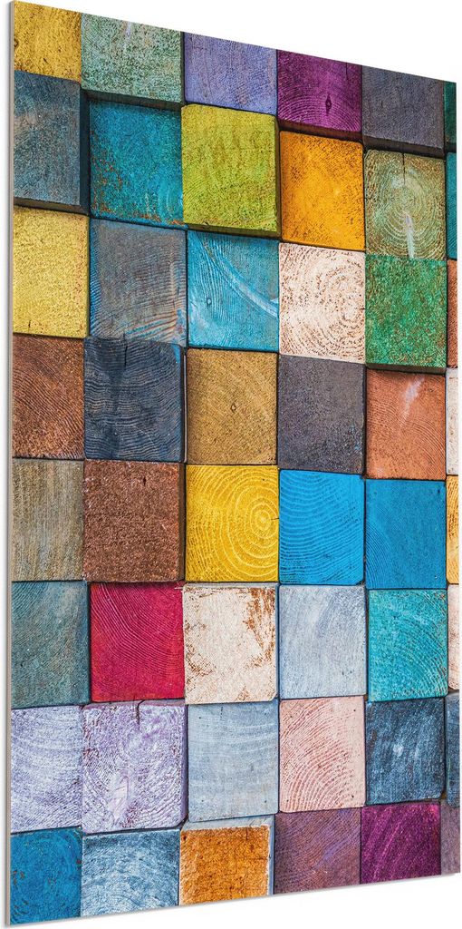 DEQORI Holzbild 60x90 cm 'Buntes Holzmosaik' Bild auf Holz Wandbild Kunstdruck nachhaltig