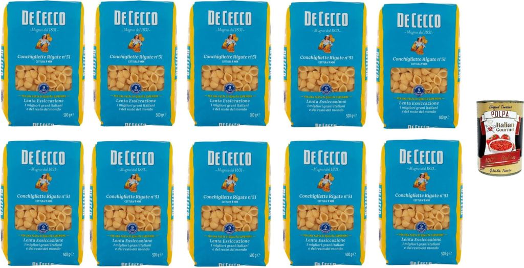 De Cecco Conchigliette Rigate N°51, 100% Italienisch Pasta Nudeln 10x 500g + Italian Gourmet Polpa 400g