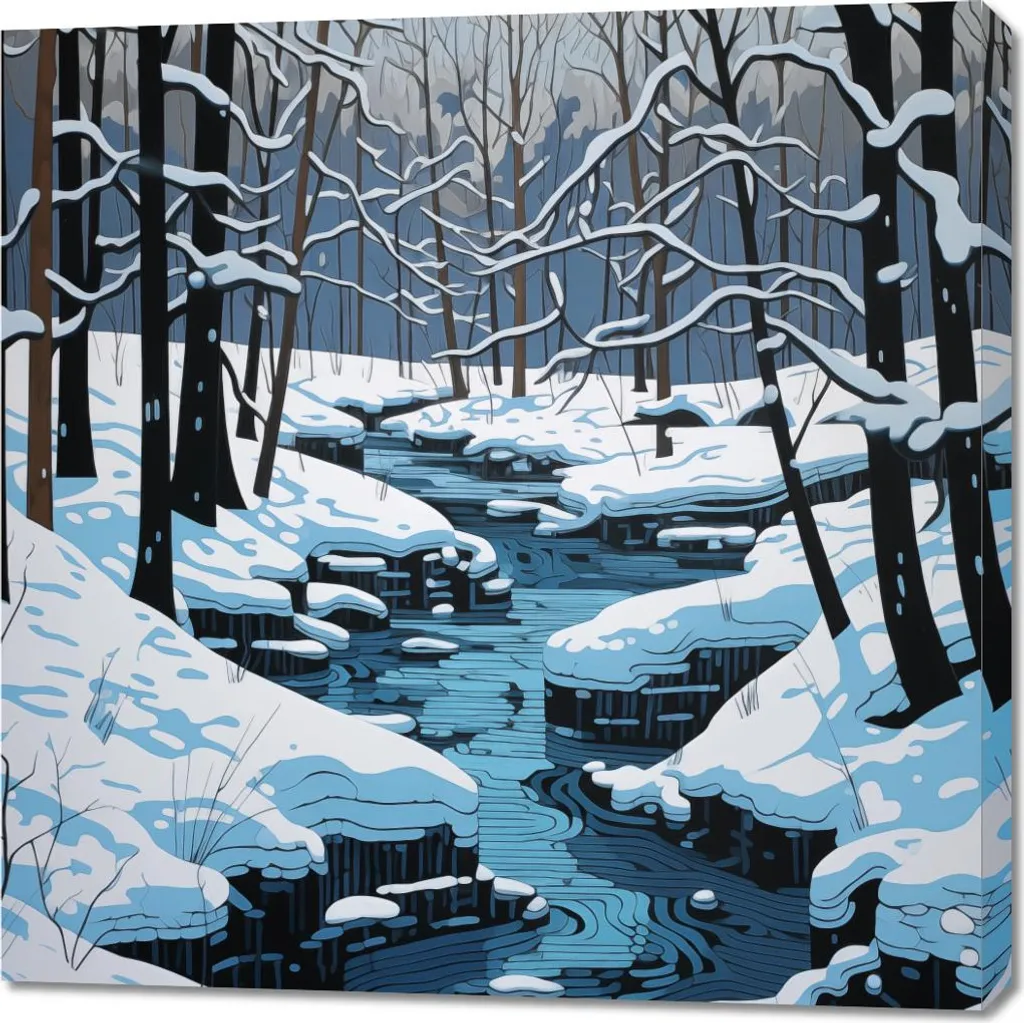Tableau Rivière en Hiver 90x90 pour Salon - Ambiance Zen et Scandinave