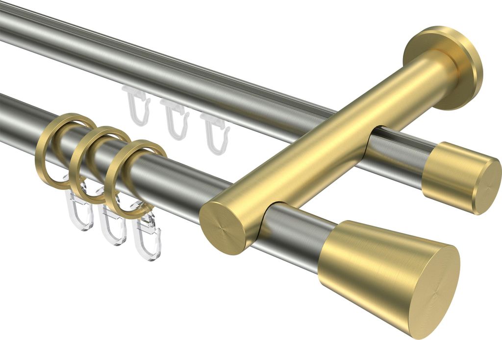 Interdeco Rundrohr-Innenlaufstange / Gardinenstange (Kombination) Edelstahl-Optik / Messing-Optik, Typ Platon Sitra (Konus), 20 mm Ø 2-läufig, 54...
