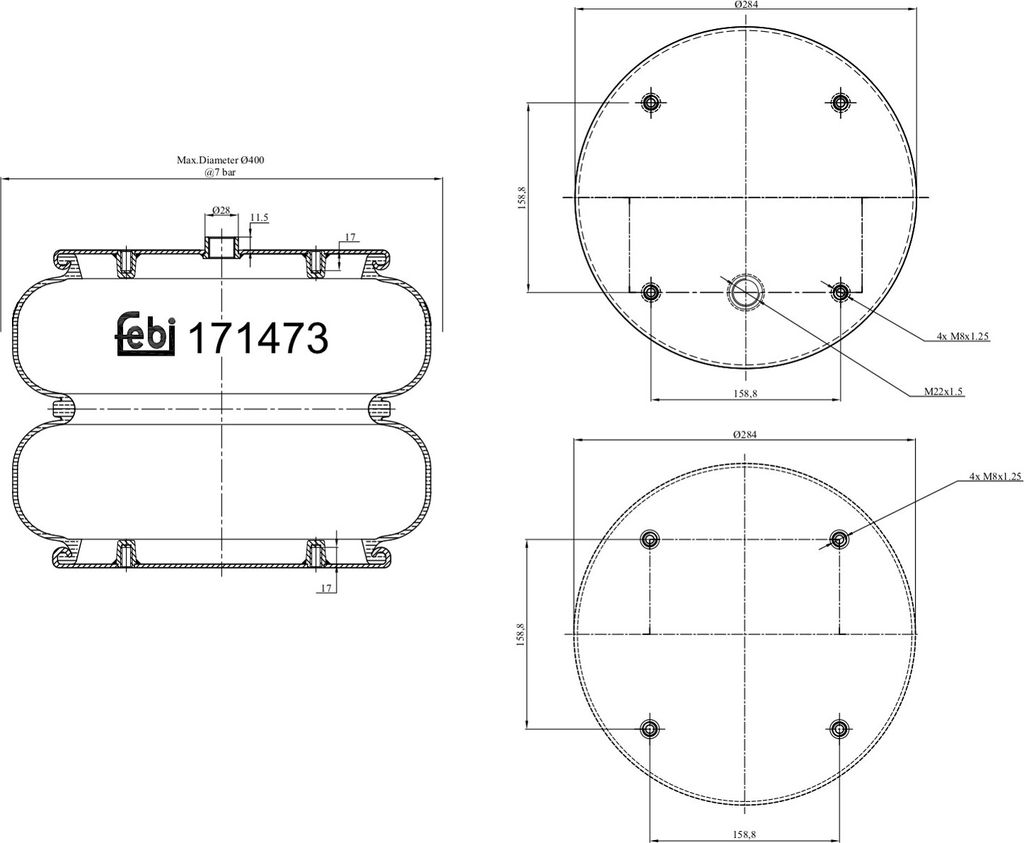 FEBI BILSTEIN Luftfederbalg 171473 ungelenkte Nachlaufachse für DAF CF 75 262mm 286mm 7,14kg
