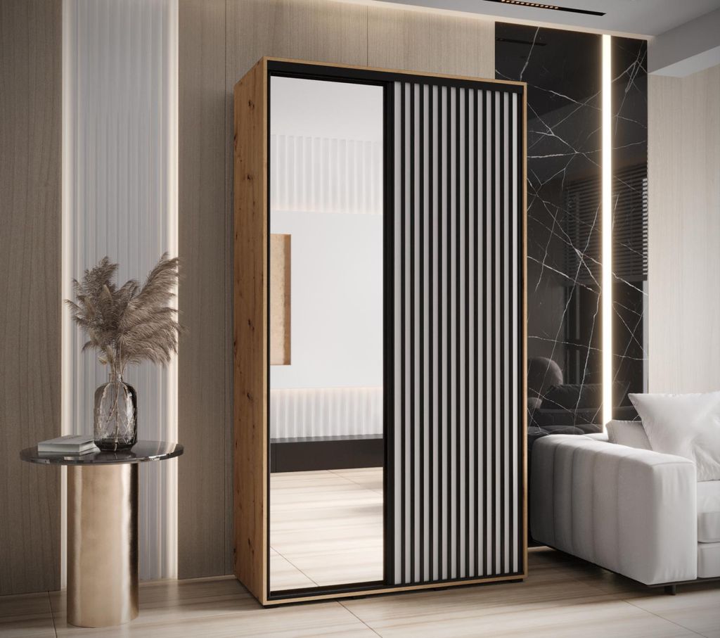 Kleiderschrank FIDELIA 2 - 140/45 cm, Eiche handwerklich / weiß / schwarz