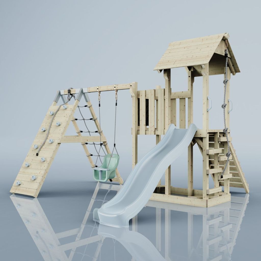 OutdoorToysOutdoor Spielturm mit Wellenrutsche, Klettergerüst mit Kletterturm, Kletterwand und Klettwernetz, Ausführung: Babyschaukel, Farbe: Eis...