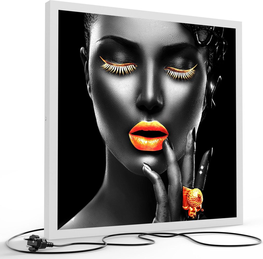 DEQORI LED-Bild & Lampe 60x60 cm Weiß 'Frau mit Gold Make-Up' Leuchtbild LED Leuchte