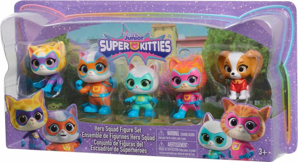 A toy figure set of superhero cats and a dog in their packaging.