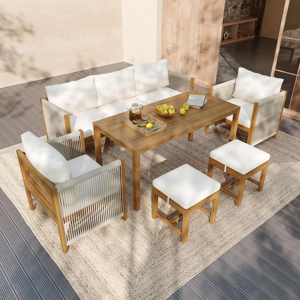 Merax Garten-Esstisch-Set 6-teilig, Loungemöbel Set mit 3er Sofa, 2 Sessel und 2 Hocker, Outdoor Sitzgruppe mit Akazienholz Tischplatte, Beige