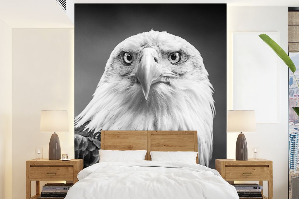 MuchoWow Fototapete für Wohnzimmer oder Schlafzimmer Wandtapete Vinyl Motivtapete Adler - Raubvogel - Schwarz - Weiß - Tiere - 160x220 cm - Bil...