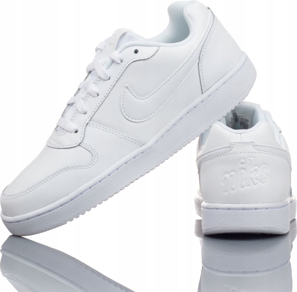 A pair of white Nike sneakers on a white background.