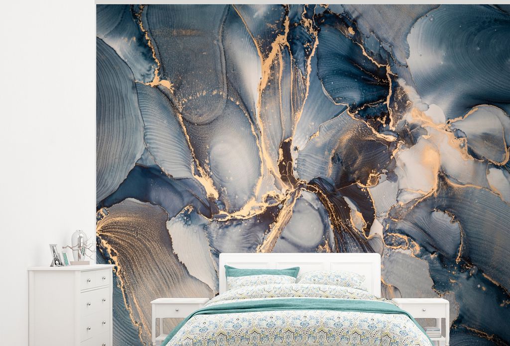 MuchoWow Fototapete für Wohnzimmer oder Schlafzimmer Wandtapete Vinyl Motivtapete Marmor - Grau - Blau - Luxus - Gold - 375x300 cm - Tapezierpapier