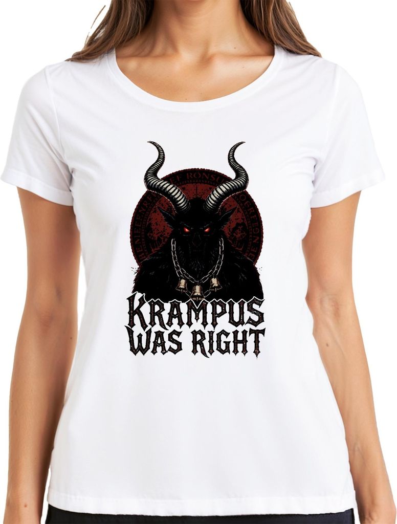 Krampus Was Right Dämon Hörner Glocken Weihnachten Gothic Horror Damen T-Shirt, Weiß, M
