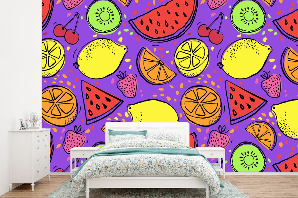 MuchoWow Fototapete für Wohnzimmer oder Schlafzimmer Wandtapete Vinyl Motivtapete Wassermelone - Obst - Lila - 360x240 cm - Vinyl-Tapete