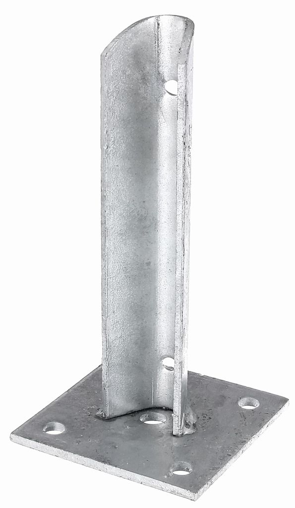 A galvanized metal post anchor with a square base and a U-shaped bracket.