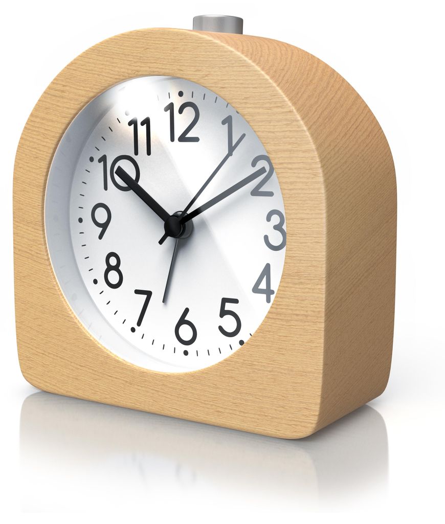 A close-up, studio shot of a light wood analog alarm clock with a white face and black hands, set against a white background.