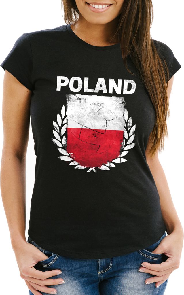 Damen T-Shirt - Fußball EM 2016 Poland Polen Flagge Vintage - Comfort Fit MoonWorks schwarz XS