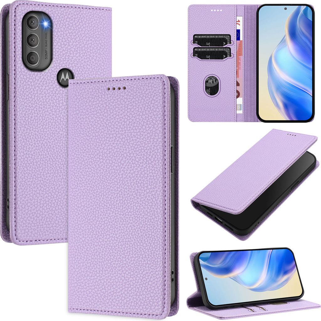 Litchi Leder Handyhülle für Motorola Moto G71 5G Wallet Kartenfächer Standfunktion Hülle Violett