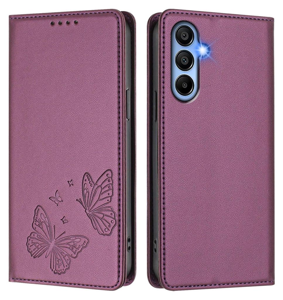 Lederhülle für Samsung Galaxy A15 5G/4G, Schmetterling Prägung Leder Brieftasche Schutzhülle mit Ständer Lila