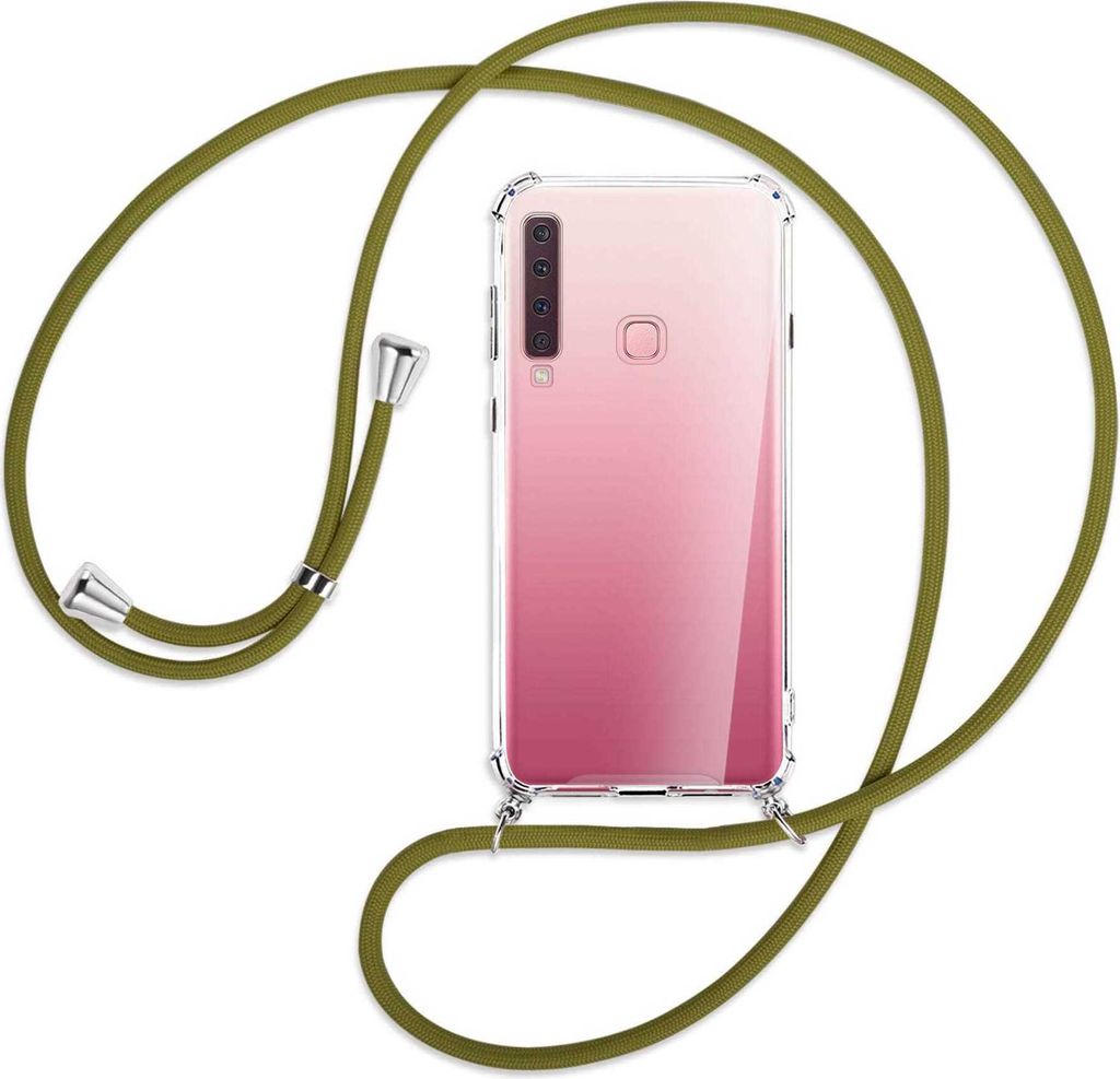 Handykette Backcover-Schutzhülle mit Band (Metall silberfarben) für Samsung Galaxy A9 2018 - khaki