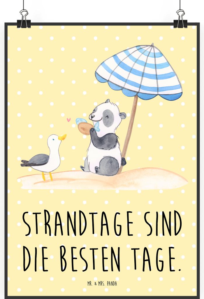 Mr. & Mrs. Panda Bild Sommer Strandtage DIN A2 - Gelb Pastell - Geschenk, Urlaub Am Meer, wanddeko, Strand, Gemütlichkeit, Blühende Blumen, Wands...
