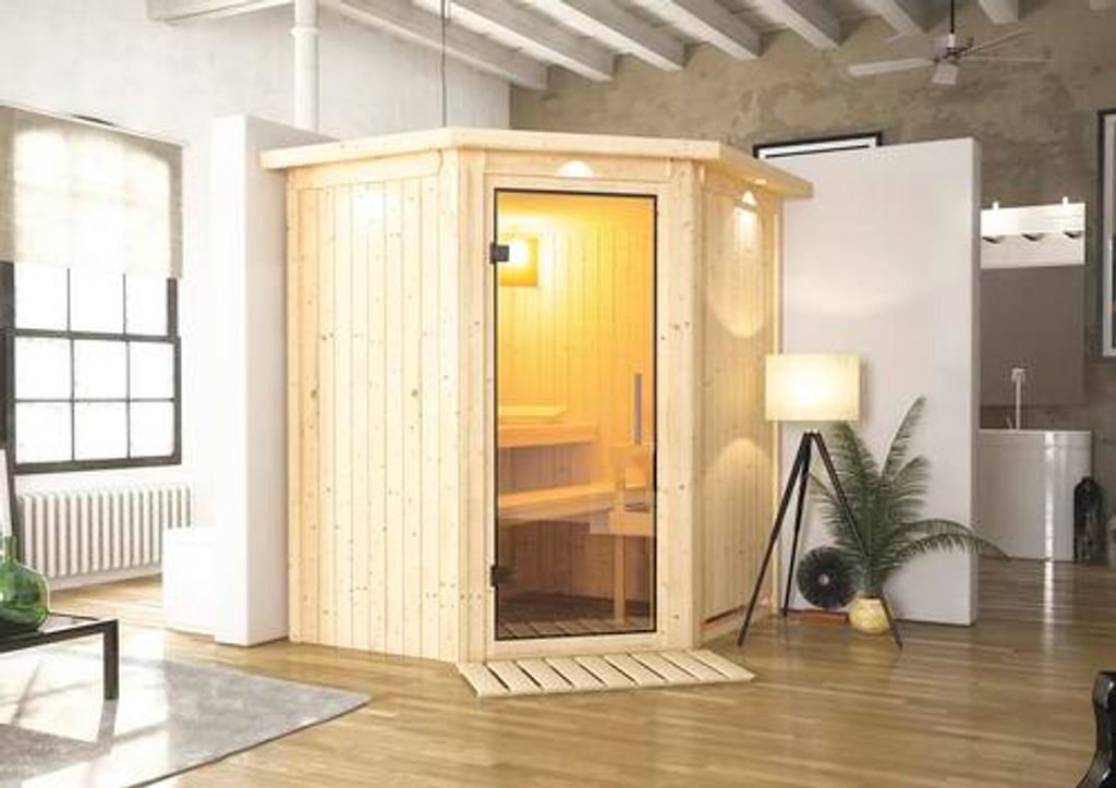Plug & Play Sauna Karibu Achat III inkl. 3,6 kW Ofen u.integr.Steuerung mit Dachkranz und Ganzglastüre aus Klarglas