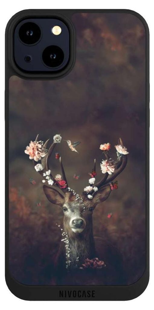 NIVOCASE Handyhülle für Apple iPhone 14 Plus Hülle NIVOpure Case Schwarz Blumen Rehe Rentier