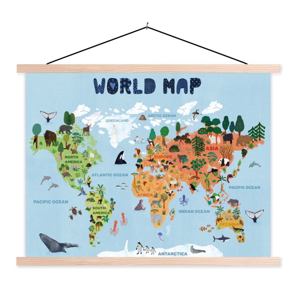 MuchoWow Textilposter Weltkarte - Kinder - Tiere - Bäume 40x30 cm mit holzfarbenen Rahmen - Bilder