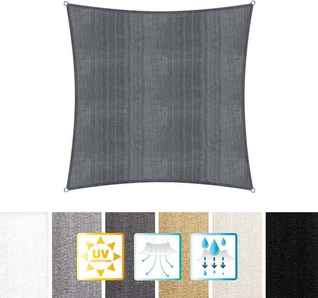 Lumaland Sonnensegel 100% HDPE mit Stabilisator für UV Schutz, Quadrat 4 x 4 Meter schwarz