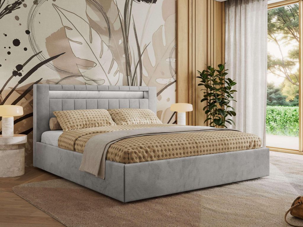 MKS MEBLE Polsterbett Doppelbett mit Holzlattenrost GOLD 5 CLASSIC Bettkasten LED Beleuchtung Gasdruckfeder Pocket Matratze - VIRE LUX 180x200 - He...