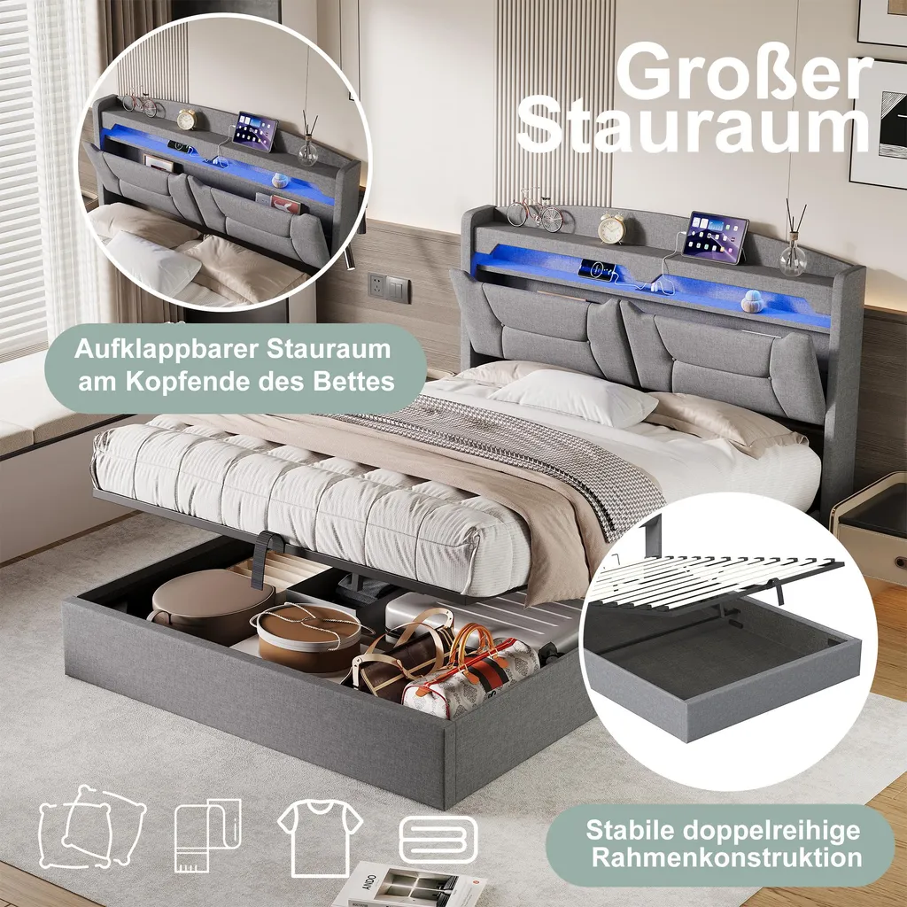 Lit adolescent 140x190 avec LED et prises de charge USB intégrées