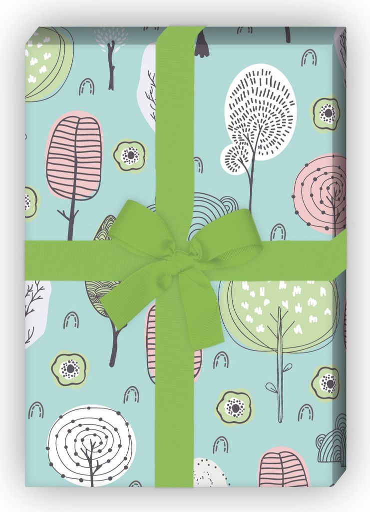Schönes Natur Geschenkpapier mit Doodle Bäumen, mint grün - G11854, 32 x 48cm