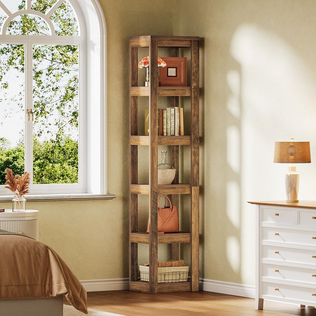 Tribesigns 6-stöckiges Bücherregal, 180 cm hoch, schmales Eckregal, Aufbewahrungsregal für kleine Räume, freistehendes offenes Regal, rustikale...