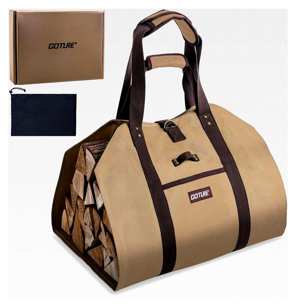 Tragetasche aus gewachstem Canvas für Brennholz, robuster Holzträger mit Griffen, wasserabweisend für Camping und Innenbereich, inklusive Streic...