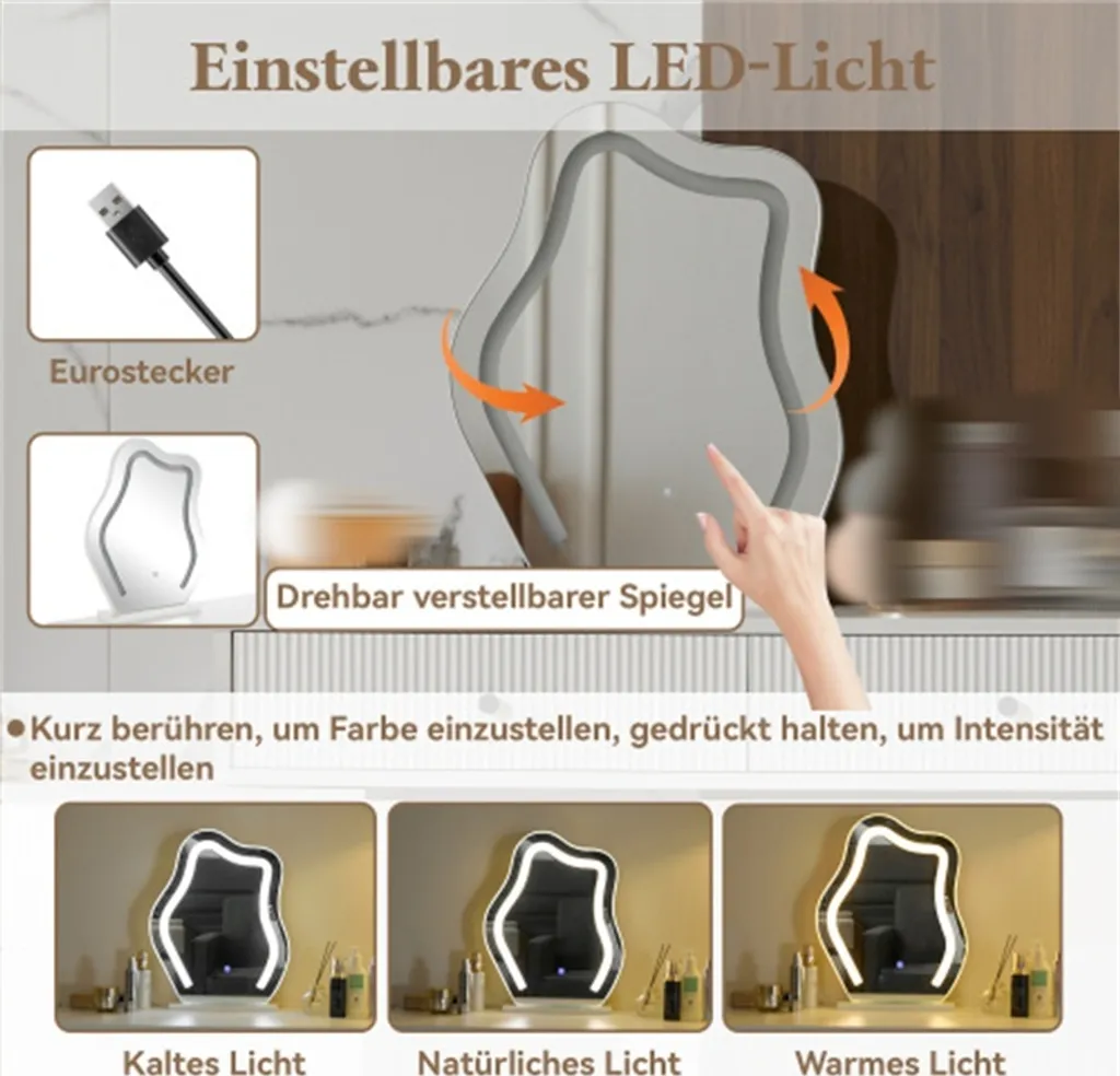 Coiffeuse Miroir LED Tactile Intensité Variable avec Plateau Extensible - 6