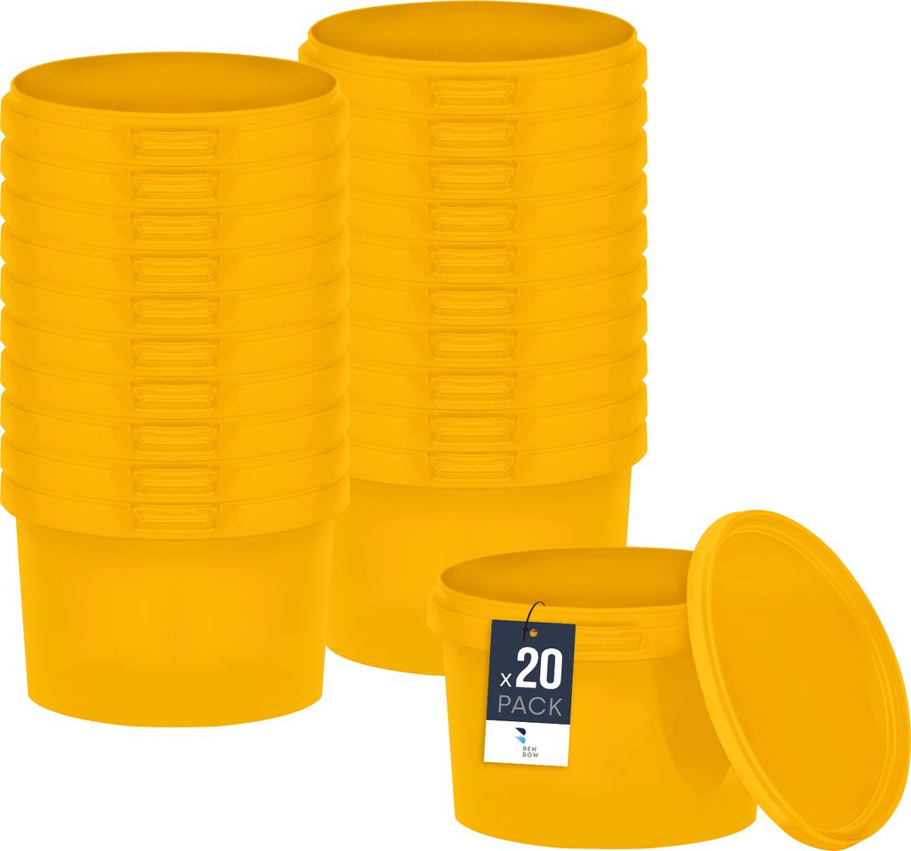 BenBow Eimer mit Deckel 0,5L x20 Gelb - lebensmittelecht, stabil, luftdicht, auslaufsicher, geruchsneutral - Plastikeimer mit Henkel - leer