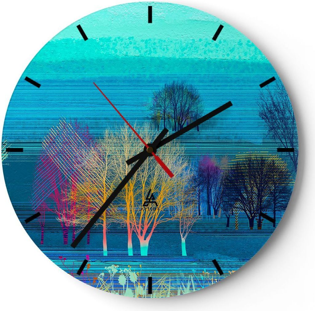 Wanduhr - Rund - Glasuhr - Bäume Wiese Sommer - 30x30cm - Schleichendes Uhrwerk - Lautlos - zum Aufhängen bereit - Dekoration Modern - Wanddekora...