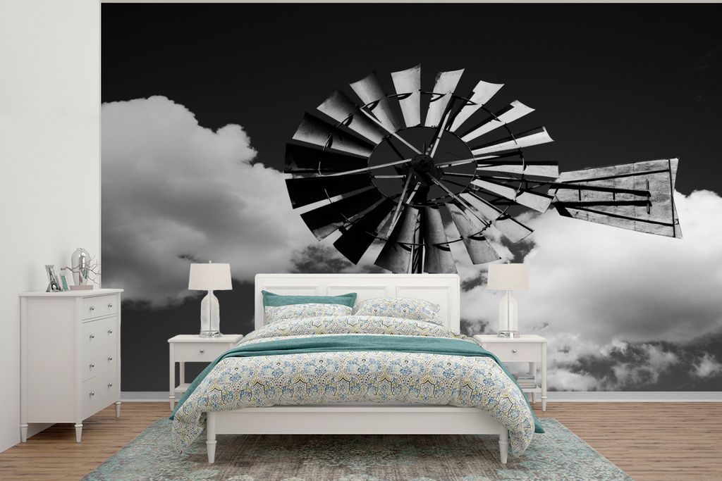 MuchoWow Fototapete für Wohnzimmer oder Schlafzimmer Wandtapete Vinyl Motivtapete Windmühle - Vintage - Schwarz - Weiß - 375x280 cm - Schlafzi...