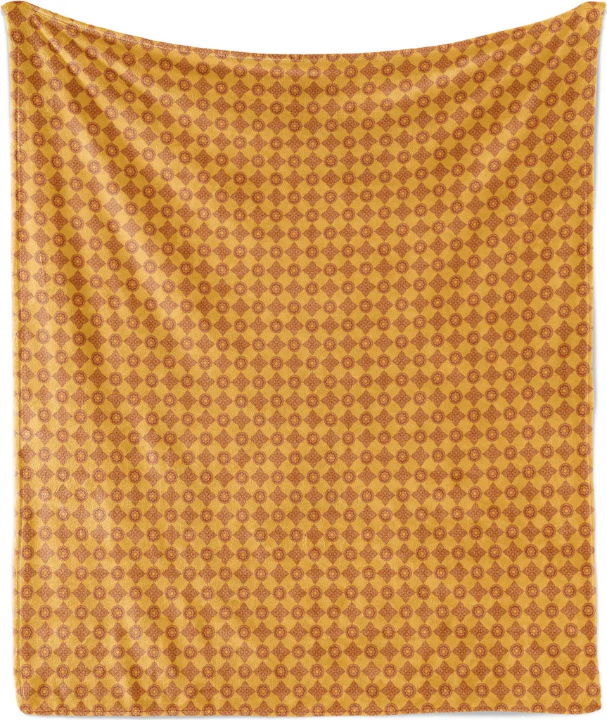 ABAKUHAUS Coperta etnica in morbido pile di flanella, motivi floreali tradizionali, soffice peluche per interni ed esterni, 125 x 175 cm, giallo scuro ruggine