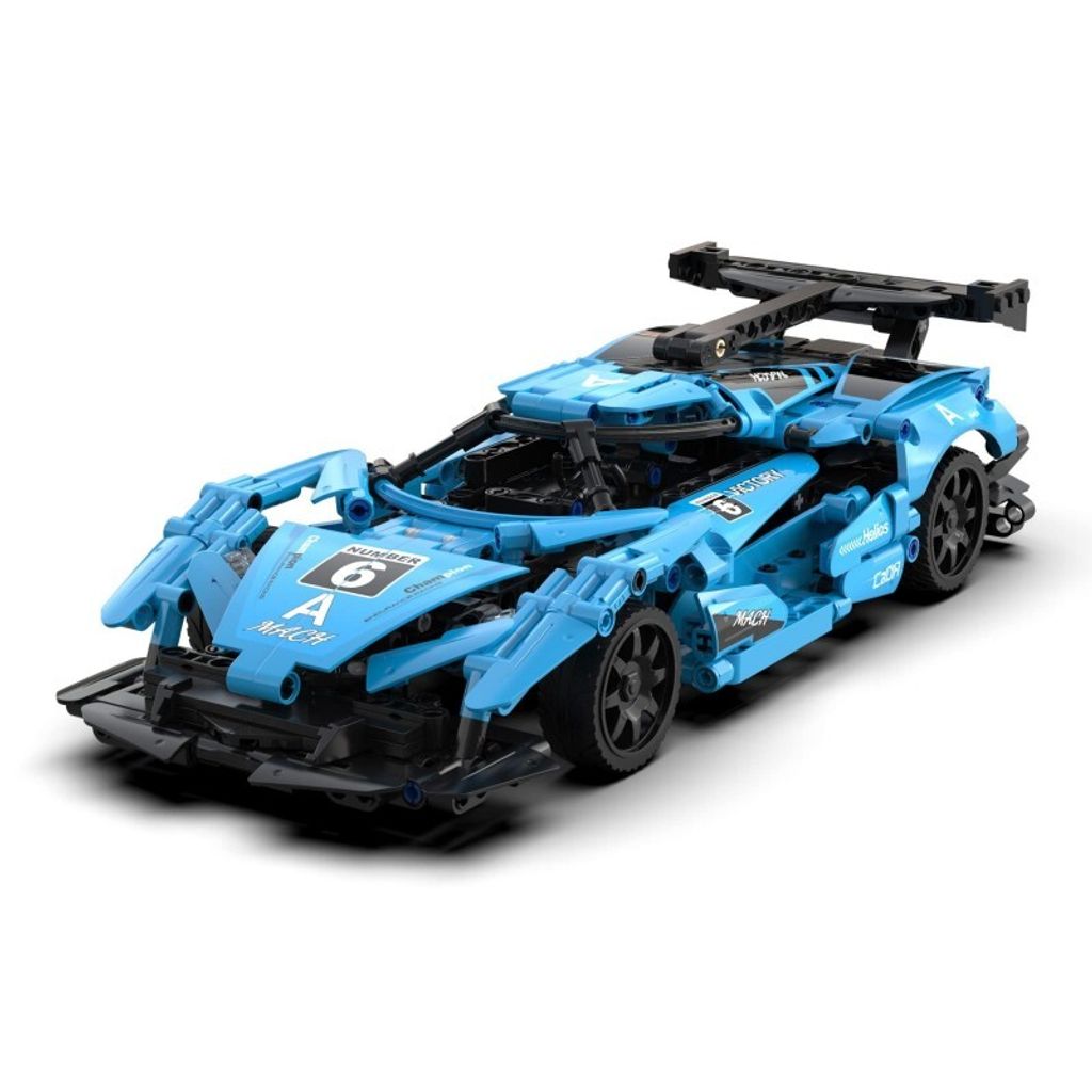 A blue toy sports car on a white background.