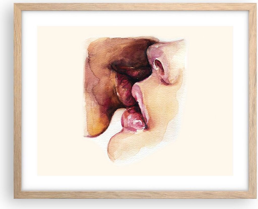 Gerahmtes Poster - Rahmen in heller Eiche - Kuss Mund Paar - 50x40 cm - Wand Bild - Wanddeko - Wandbilder - Kunstposter - Wandposter - Bilderrahmen...