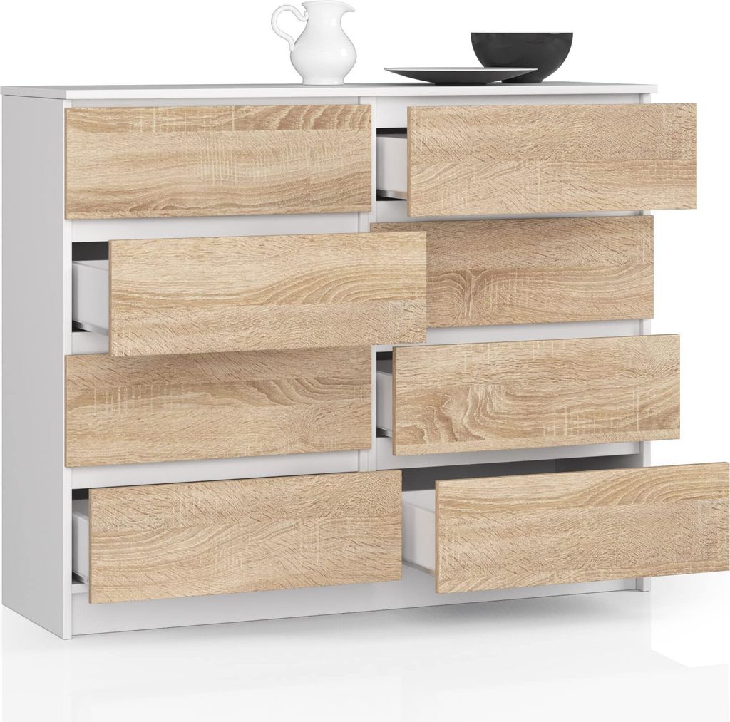 BDW, Kommode mit 8 Schubladen, 120x99x40 cm, viel Stauraum, Weiß - Sonoma Eiche