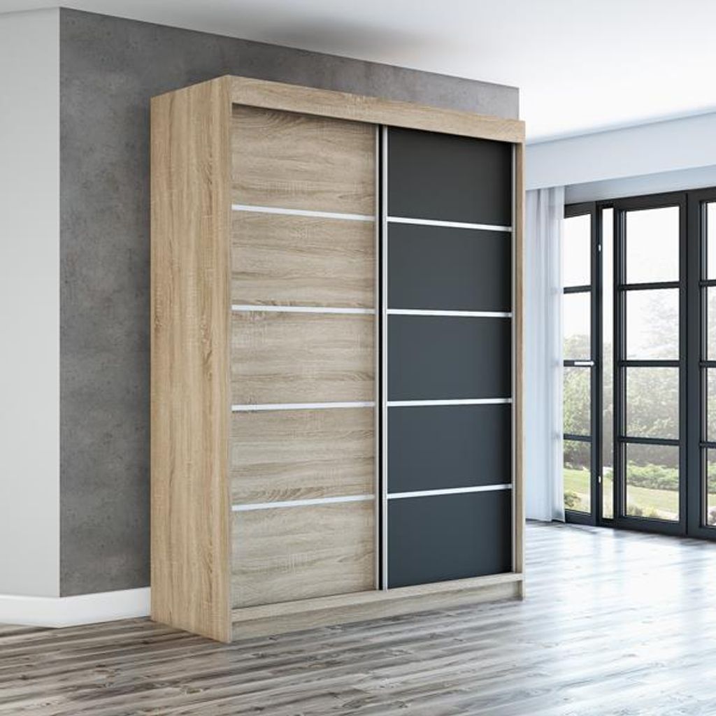 Schwebetürenschrank, 2-türig Schrank! Moderne Garderobe für Kleidung. Verschiedene Farben (Weiß, Schwarz, Somona) Kleiderschrank PARIS 160 cm