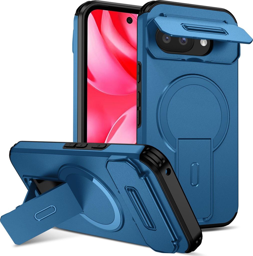 Magnetisch Hülle für Google Pixel 9A, Dual Layer Stoßfest Handyhülle mit Dia Kameraschutz, Verstellbarem Ständer Blau