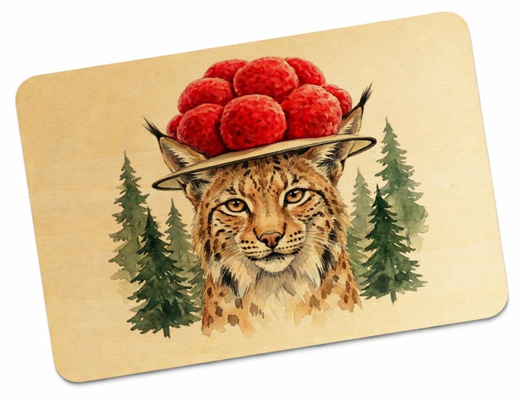 Luchs mit Bollenhut Postkarte aus Holz Schwarzwald Motiv