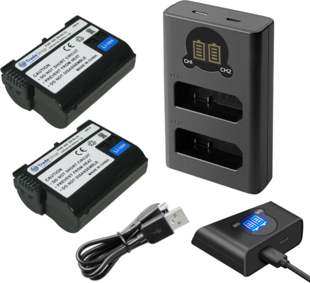 Trade-Shop 3in1 Set: 2x Akku 1900mAh + USB-C Dual LCD Ladegerät für Nikon 1 V1, D7100, D750, D7000, D7200, D7500, D500, D600, D610, D780, D800, D810