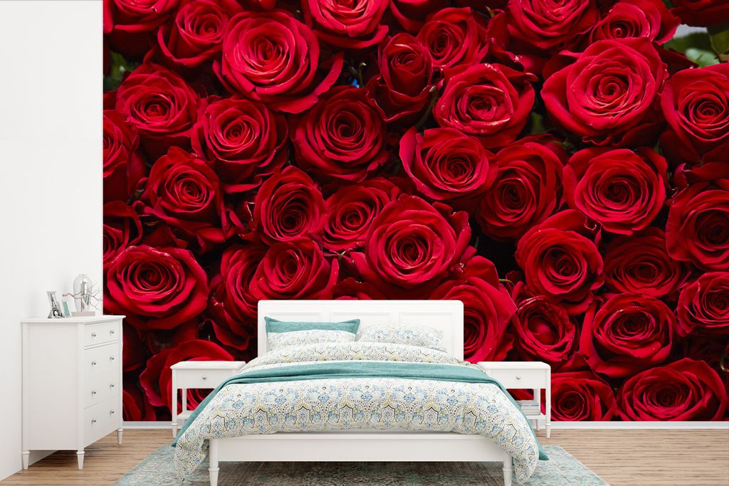 MuchoWow Fototapete für Wohnzimmer oder Schlafzimmer Wandtapete Vinyl Motivtapete Rosen - Rosenblütenblätter - Rot - 330x220 cm - Fototapeten
