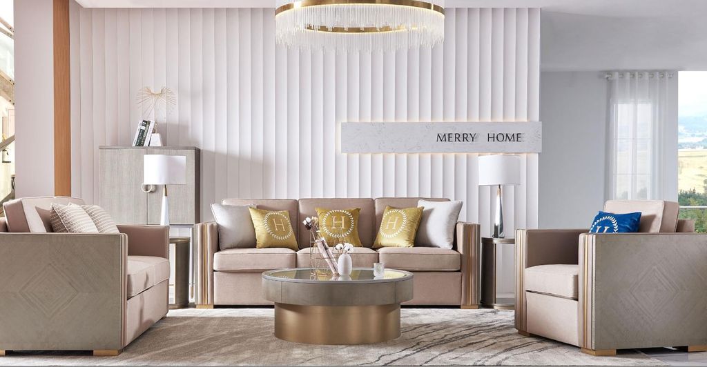 Designer Couch Sitz Polster 3+1 Sitzer Beige Edelstahl Garnitur Sofa Samt Neu