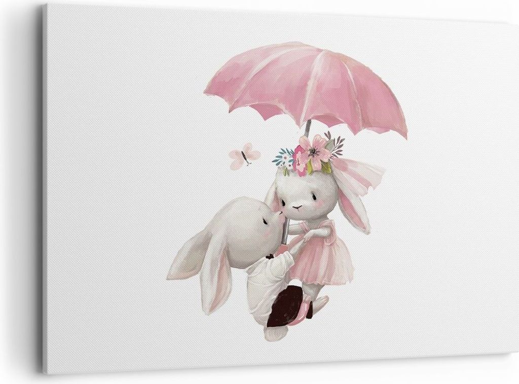 Bild auf Leinwand - Leinwandbild - Einteilig - Hasen Regenschirm Kinder - 100x70cm - Wand Bild - Wanddeko - Wandbilder - Leinwanddruck - Bilder - W...