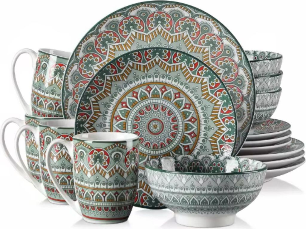 Lucenzo Tafelservices – 4 Personen – 16-teilig – Grün – Keramik – Essteller, Tiefe Teller, Frühstücksteller