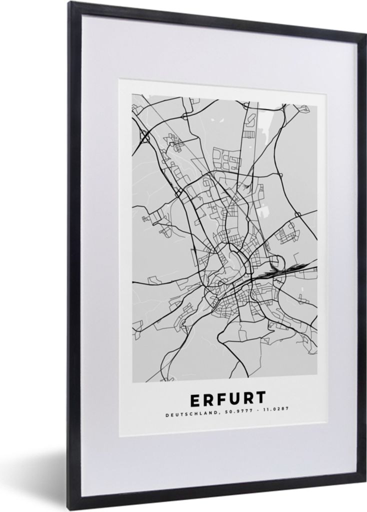 MuchoWow Gerahmtes Poster Karte - Erfurt - Karte - Deutschland 40x60 cm - Poster mit Schwarzem Bilderrahmen Wandposter Rahmen Foto Bilder - Poste...